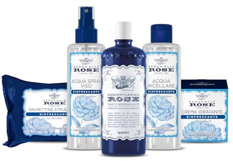 Acqua alle Rose, Kit Routine Viso Rinfrescante, per Tutti i Tipi di Pelle, contiene Tonico Rinfrescante, Acqua Micellare, Crema Idratante, Salviettine Struccanti e Acqua Spray - Esclusiva Amazon