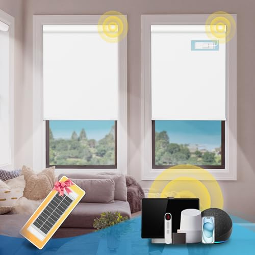 DENFOON Motorized Blinds with Remote,Thermal Electric Blinds【Solar Panel】,Customizable Automatic Roller Shades, Blackout Remote Control Blinds for Windows Upgrade to Smart Blinds, White,47 W x 72 H