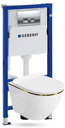 Lavita Duofix Basic Vorwandelement + Wand Tiefspül WC Sofi Slim Gold Line Spülrandlos + WC Sitz + Bedienplatte Delta 25 Verchromt Knopf Komplettset Unterputz Spülkasten Toilette Komplett Sett WC