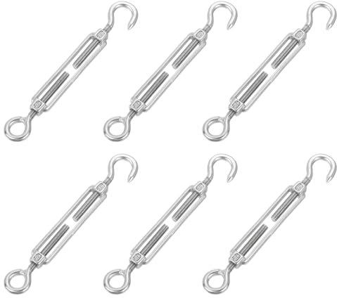 sourcing map 6Pcs M5 Hook and Eye Turnbuckles Wire Rope Tension, 304 Stainless Steel Turnbuckle Adjustable Cable Tensioner for Shade Sail, Clothesline