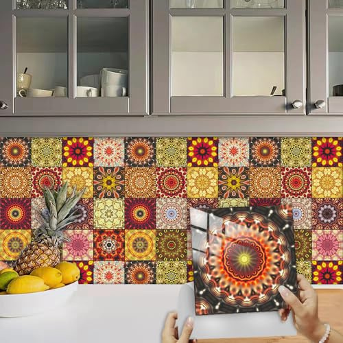 FliesenaufkleberAbstraktes Gelb Rot Mosaikfliesen PVC Klebefliesen Wasserdicht Fliesenaufkleber Bad Küchenrückwand Selbstklebend Ölfest Tile Sticker Wandfliesen Fliesen Folie Abziehbar 15x15cm/10 Pcs