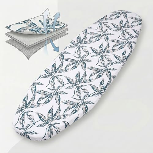 Umiin Ironing Board Cover 140 × 45 cm, Elastic Ironing Board Covers with Cotton Top and 6 mm Thick Felt Padding, Leaves Print
