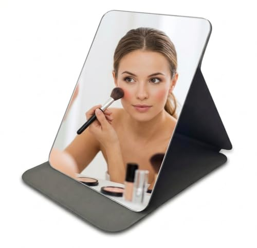 BEAUTYVIEW Ultra-Slim Travel Mirror (20x15cm) – Lightweight Folding Vanity Mirror for Makeup & Grooming – High-Clarity Distort-Free Glass with Adjustable Stand – Portable Camping Accessory - Black