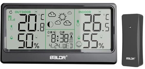 Stazione Meteo con Sensore Esterno,Thermometri e Igrometri Interni ed Esterni, Stazione Meteorologica con DCF,Previsioni del Tempo, Fasi Lunari, Temperature Massime/Minime e Allerta Rischio Muffa