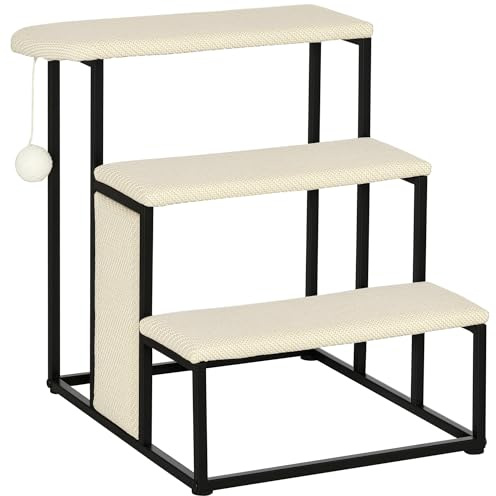 PawHut Escalera para Perros de 3 Niveles Escalera para Mascotas con 3 Escalones Bola Colgante Tablero de Rascar y Marco de Acero 47x45x47 cm Crema y Negro