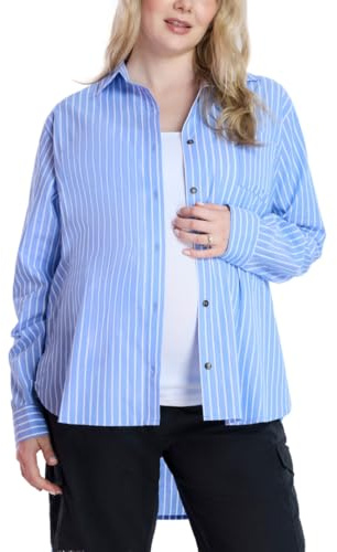 Motherhood Maternity Women's Button Down Poplin Long Sleeve Pregnancy Shirt, Provence Stripe, X-Large