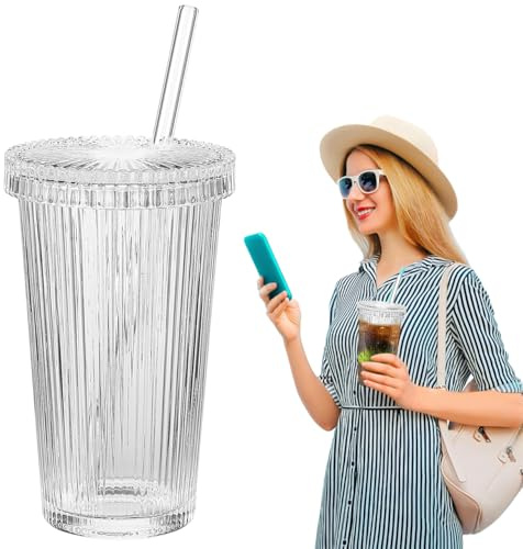 MAGICLULU Matcha Becher Schnippige Kaffeetasse Eiskaffeetassen mit Deckel Saftgläser iced coffee cup ice coffee cup geriffelte gläser trinkgläser Saftbecher mit Deckel Gläser mit Deckel Glas