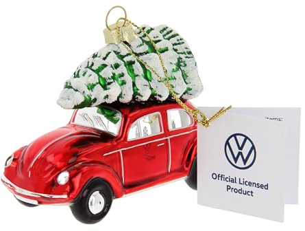 BRISA VW Collection - Käfer Weihnachtsschmuck Dekoration | Volkswagen Weihnachtsbaum Ornament Christbaum Kugel, Glänzend Handbemalt Miniatur Geschenkbox, Glas, Rot mit Baum