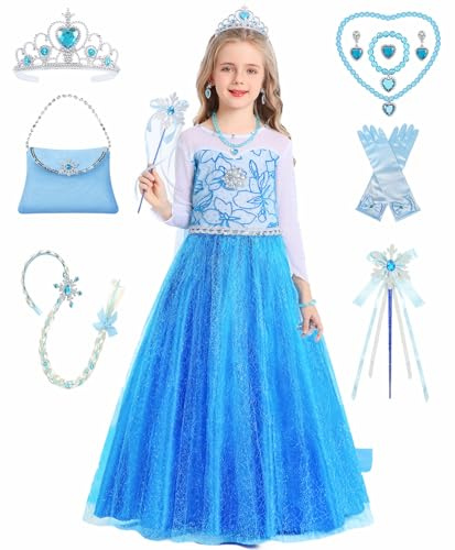 Prinzessin Kostüm Mädchen Prinzessin Kleid Set Eiskönigin Faschings Kostüme Kinder Fastnacht Geburtstag Verkleidung Eisprinzessin Cosplay Party Blau Outfits mit Zubehör Zauberstab Krone Perücke C069S
