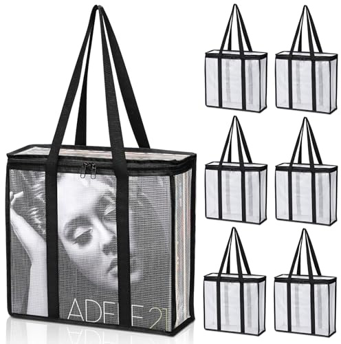 Facmogu 6 Pack Vinyl Storage Carrying Bag, Clear LP Vinyl Organizer - Holds About 220 Albums In Total, Waterproof Mesh Zip Bag Dustproof LP Record Storage Carrying Case w/ 2-Way Zipper Closure