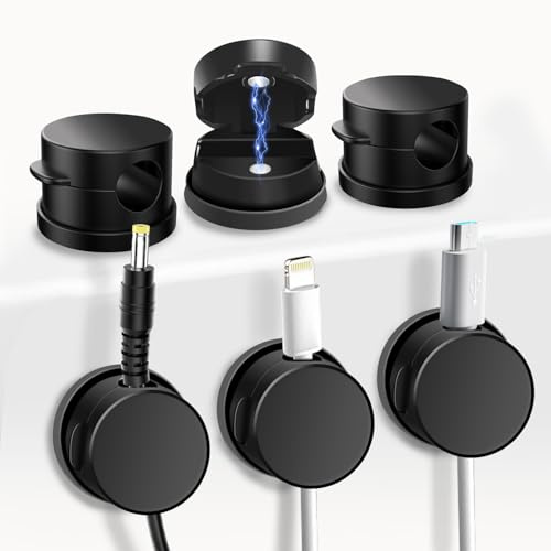 FT FUNTOR 6 Stück Magnetischer Kabelhalter Selbstklebend Kabel Organizer, Drehbar Kabelclips für Schreibtisch, Nachttisch, Auto, Wand, USB, Audio-Kabel (Schwarz)