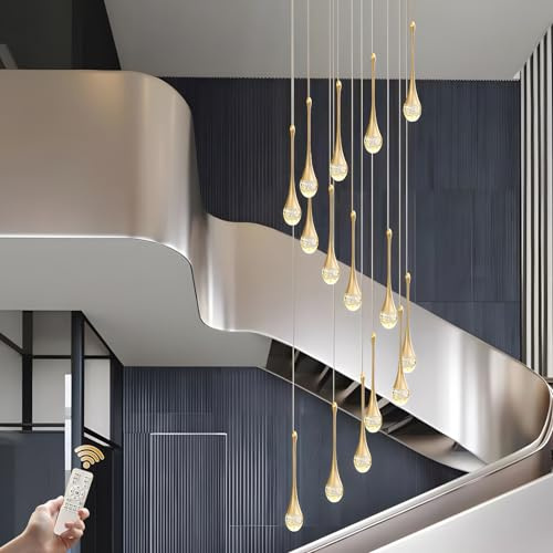 Treppe Pendelleuchten, LED Dimmbarer Kronleuchter, Treppenhaus Pendellampe, Gold Regentropfen Kristall Lampe, Höhenverstellbarer Wohnzimmer Pendelleuchte, Kronleuchter Für Foyer, Eingang, Villa(15 hea