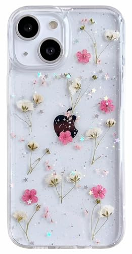 AMART für iPhone 13 Mini Hülle Blumen, Durchsichtig Handyhülle mit Echte Getrocknete Blumen Hülle,Klare mit Glitzer Motiv Weich Silikon Schutzhülle für iPhone 13 Mini(Rosa)
