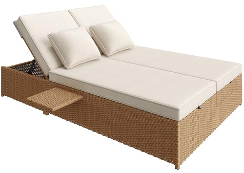 Zenithpath Gartenliege 199x120x37cm, Outdoor Sofa Gartenlouge mit Verstellbaren Rücklehnen, Gartenmöbel Wetterfest mit Seiten-Klapptischen und Kissen