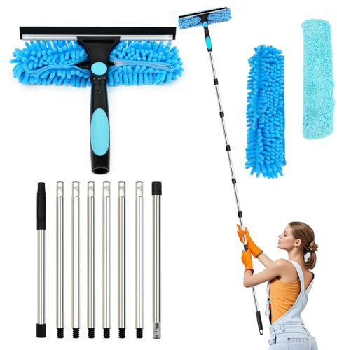 Lapluied 3,1M Lavavetri Telescopico Professionale Kit Nettoyage Vitre 3 in 1, Spazzola Rotante 270° per Pulizia Vetri Finestre Interni/Esterni, Bagno e Auto, Spazzola Lavavetri e Lavabile Blu