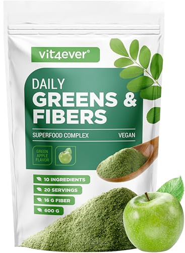 Daily Greens & Fibre Powder : psillio, spirulina, moringa, erba d'orzo, inulina, fibra di mela, estratto di curcuma, fibra di acacia, lecitina (600 g, Mela verde)