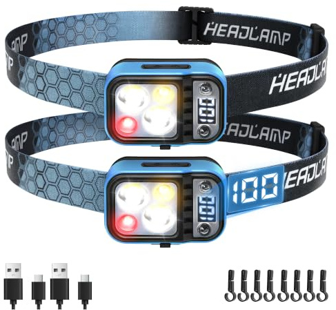 DARKDAWN Torcia Frontale Ricaricabile a LED, 5 modalità Lampada Frontale USB C con sensore di Movimento, Display Digitale di Potenza, Regolabile su/Giù, per Campeggio, Riparazione Auto