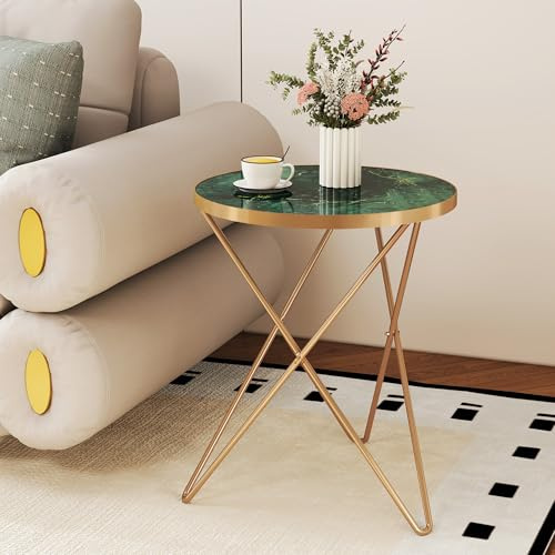 MROJISC Beistelltisch, Runder Couchtisch mit Marmoreffekt Tischplatte und goldenem Metallrahmen, kleiner Sofatisch grün Couchtische für Wohnzimmer, Schlafzimmer, Sofa und Couch