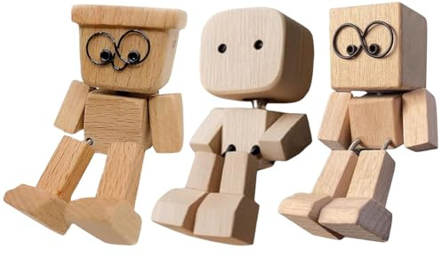 Hiborth Wackelnder Holzmann, Wackelnde Holzfigur mit Füßen Handgefertigte Auto Armaturenbrett Dekoration Ornamente Magnetische Gesichter Kreatives Autozubehör (S)