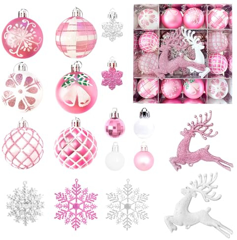 MORAINJAY 45 Boules Noel 6 cm Rose Blanc, Boules de Noel Incassables en Plastique, Décorations Suspendues pour Sapin de Noël, Maison, Fête, Décorations de Noël