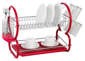 Dish drainer Rack 2-Tier Kitchen Dish drying rack Utensil Holder basket For Bowls & Plates With Tray (Red, Large)