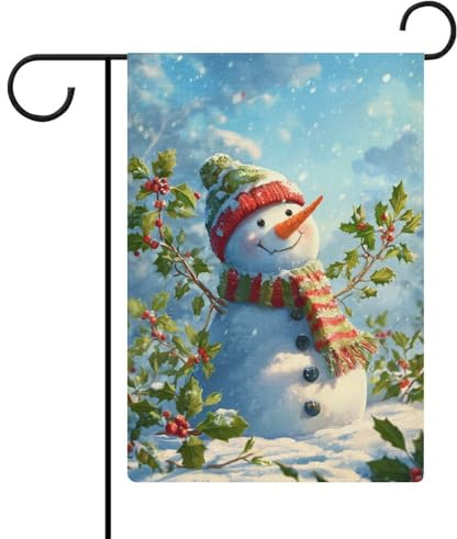 Pupazzo di neve agrifoglio vischio nel paesaggio innevato bandiera giardino vacanze stagionali juta doppia faccia casa cortile esterno bandiere 30,5 x 45,7 cm