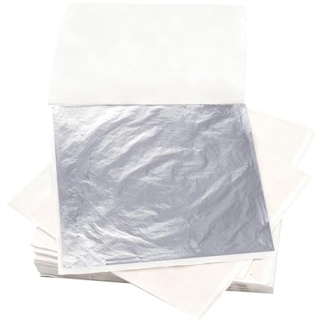 AJUNLKVDR Blattgold,Blattgold Zum Basteln,Gold Papier für Goldfolie,Leaf Anlegemilch Blattmetall,Goldenes Goldpapier Acrylmalerei,Bastel Goldblätter,Goldblattblätter DIY (8.5 * 8cm) (200Blatt Silber)