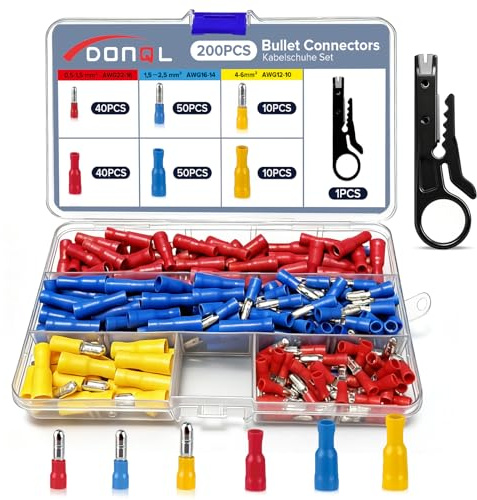 DONQL 200 Stück Rundsteckverbinder mit Schwarzer Abisolierzange, 3 Größen | Rundstecker, Rundstecker Verbinder mit Schwarzer Abisolierzange, für Motorräder, Autos und Reparaturen von Elektrogeräten