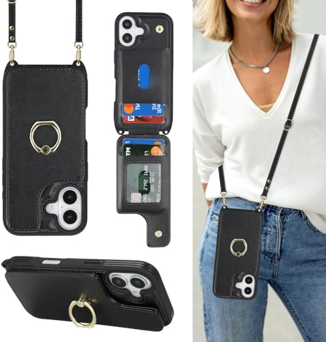 Cavor Étui de téléphone compatible avec iPhone 17 - Avec porte-cartes et dragonne, étui portefeuille à rabat en cuir avec cordon, anneau béquille - Coque antichoc pour iPhone 17 - Noir