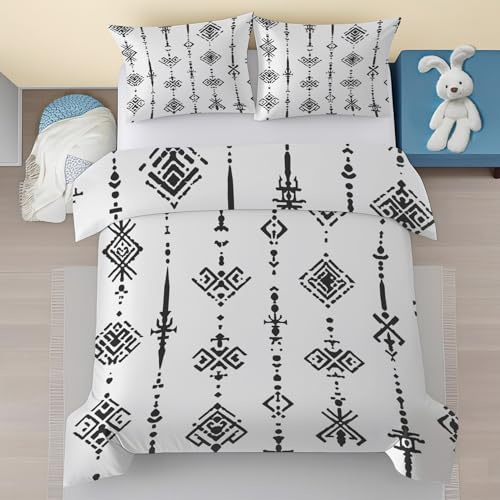 Azteken Geometrische Baby Bettwäsche Set 100x135 - Boho Tribal Muster Kinderbettwäsche 2 Teilig - Schwarz Weiß Mikrofaser Bettbezug, 1 Kissenbezug 40x60 mit Reißverschluss hHj-20