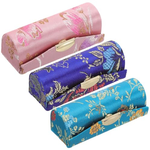 HEATSHAKING Lot de 3 Porte-Rouge à Lèvres Portables en Tissu Tissé Chinois Format Compact Léger Étui à Gloss Fermeture Bouton Organisateur de Voyage Pratique pour Paquet à Main et Sorties