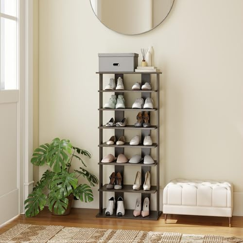 GIANTEX Schuhregal schmal und hoch, Schuhschrank Regal Holz 8 Ebenen, Schuhständer Schuhablage vertikal, Schuh-Organizer platzsparend, Holzregal Standregal Lagerregal freistehend (Grau, Groß)