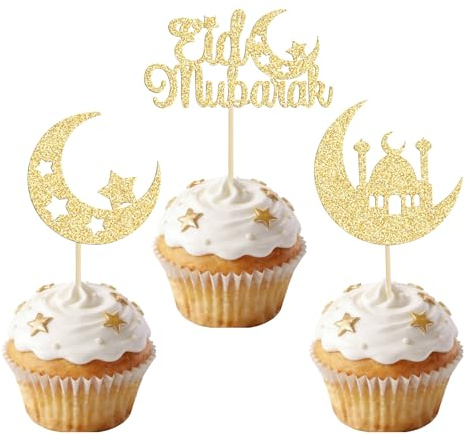 24 Pièces Eid Mubarak Decoration Gateau, Decoration Gateau Ramadan, Lune Étoile Cupcake Topper Pailleté, Décor Cupcake pour Ramadan, Eid al-Fitr, Table de Desserts et Réception Festive (Doré-G)