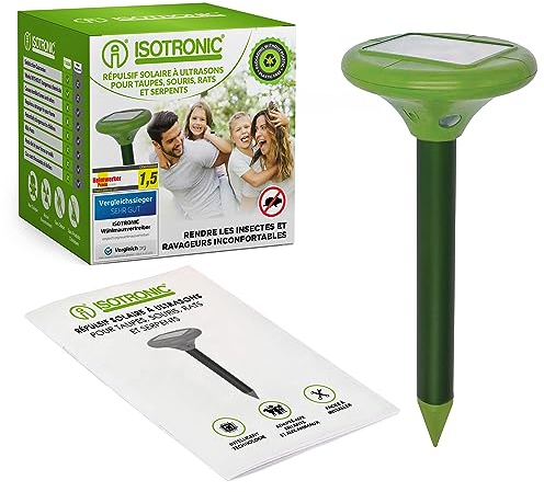 ISOTRONIC Solar LED Maulwurfabwehr Vibrasonic | mit Vibrationsmotor solarbetrieben | Wühlmausfrei Wühlmausschreck Wühlmausvertreiber Maulwurfschreck | Testsieger