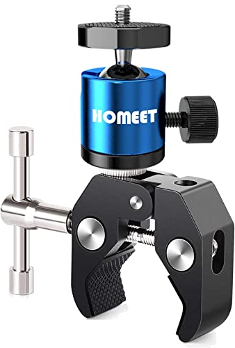 Homeet Bras Magique Caméra Pince Mini Super Clamp Appareil Photo Tête Rotule avec 1/4” & 3/8” Vis Adapteur Ecrou, Support Fixation Caméra pour Appareil Photo Moniteur LED Flash Clamp Pince, Bleu