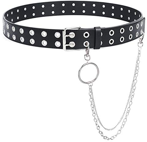SUOSDEY Punk Gürtel Damen und Herre Ledergürtel Mit Metallkette, Mode Doppelloch Gürtel Hosen Jeans Schwarz,M