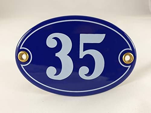 Emaille Hausnummer Schild Nr. 35, oval, Blau-Weiß mit Schrauben und Dübel Handarbeit