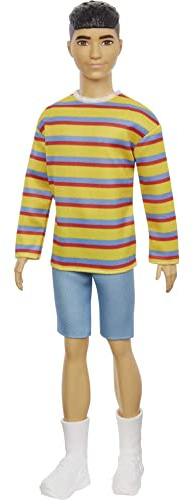 Barbie GRB91 - Ken Fashionistas Puppe (braunhaarig) mit Zubehör, im gestreiften Oversized-Shirt mit Schuhen, Spielzeug für Kinder von 3 bis 8 Jahren
