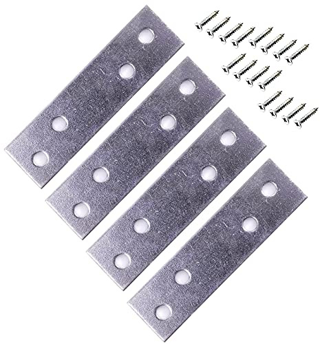 Flat Metal Brackets for Wood Repair, 76mm Zinc Plated Mending Plates, Heavy Duty Straight Brace Connector with Screws Included, Pack of 4
