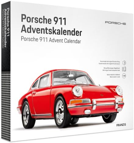 FRANZIS 55199 - Porsche 911 Adventskalender rot, Metall Modellbausatz im Maßstab 1:43, inkl. Soundmodul und 52-seitigem Begleitbuch
