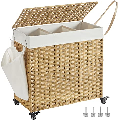 SONGMICS Wäschekorb mit Deckel, 140 L, Wäschesammler 3 Fächer, Wäschesortierer mit Rollen, in Rattan-Optik, Wäschesack herausnehmbar, für Waschküche, 66 x 33 x 66 cm, naturfarben LCB363N01
