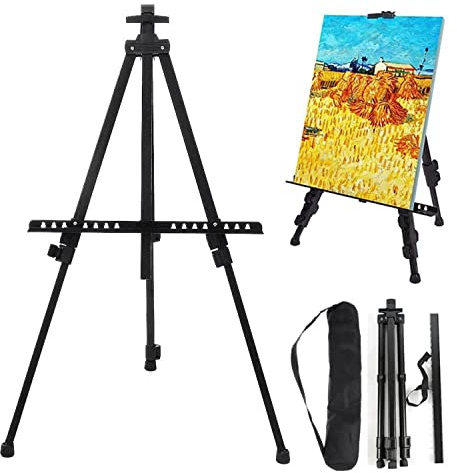 63“ Strong Metal Foldable Easel for Painting Canvases Floor Table Top Drawing and Displaying T-Sign with Portable Black Bag Adjustable Height Extra Sturdy Lightweight