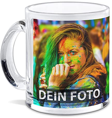 Glas-Tasse selbst gestalten - mit Foto & Text personalisieren - Geschenk für Familie, Freunde, Geburtstag, Weihnachten - Hochwertiges Glas klar, 300 ml I Personalisiert