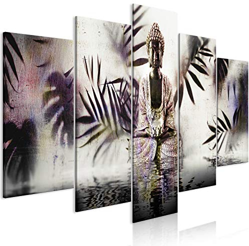 B&D XXL - Wandbilder XXL Buddha 150x75cm 5 tlg - Wand Deko Leinwand Bilder Groß Wanddeko Wohnzimmer Schlafzimmer Kunstdrucke - Feng Shui Zen Blätter p-A-0040-b-o