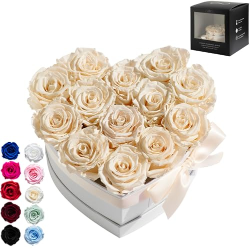 Infinity Flowerbox Large Herz - 13 echte Premiumrosen in Champagne - 3 Jahre haltbar ohne gießen | In Geschenkverpackung mit Satinschleife