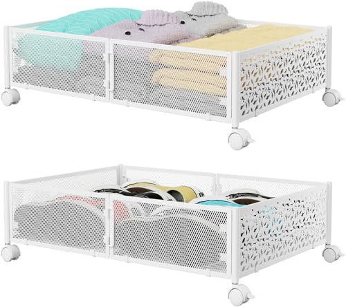 PHINOX Lot de 2 boîtes de rangement sous le lit avec roulettes, tiroir de rangement pour chaussures de chambre à coucher, vêtements, chaussures, couvertures