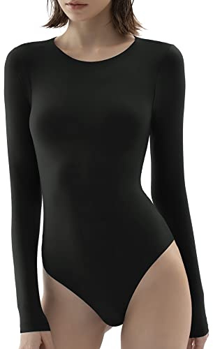 PUMIEY Body Suits for Women Long Sleeve Tops Jet Black Small