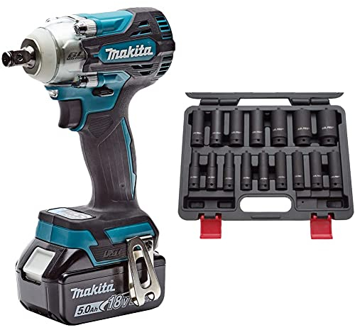 Makita DTW300RTJ Akku-Schlagschrauber 18 V / 5,0 Ah, 2 Akkus + Ladegerät im MAKPAC & US PRO B1340 Kraft-Schlagschrauber-Nüsse 1/2 10-32 mm Schlagnuss-Satz, 16 Stück