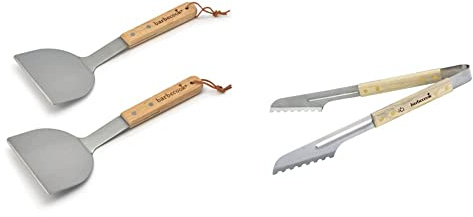 Barbecook Set de 2 Spatules à Plancha et Pince BBQ - Ustensiles pour Barbecue - Accessoire en Acier INOX/Bouleau, 40 cm