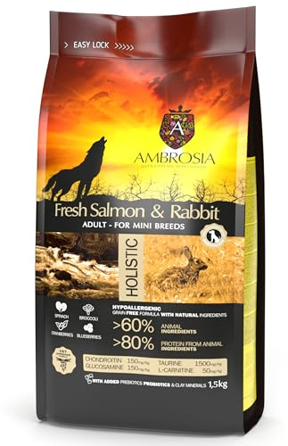 Ambrosia Ultra Premium Pet Food® | Grain-Free Dry Dog Food Small Breed, 1.5Kg, Hypoallergenic, High-Protein, Holistic | Fresh Salmon & Rabbit, Small Kibble